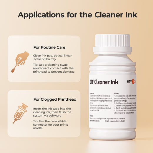 Bottle of DTF Cleaner Ink with instructions on a beige background