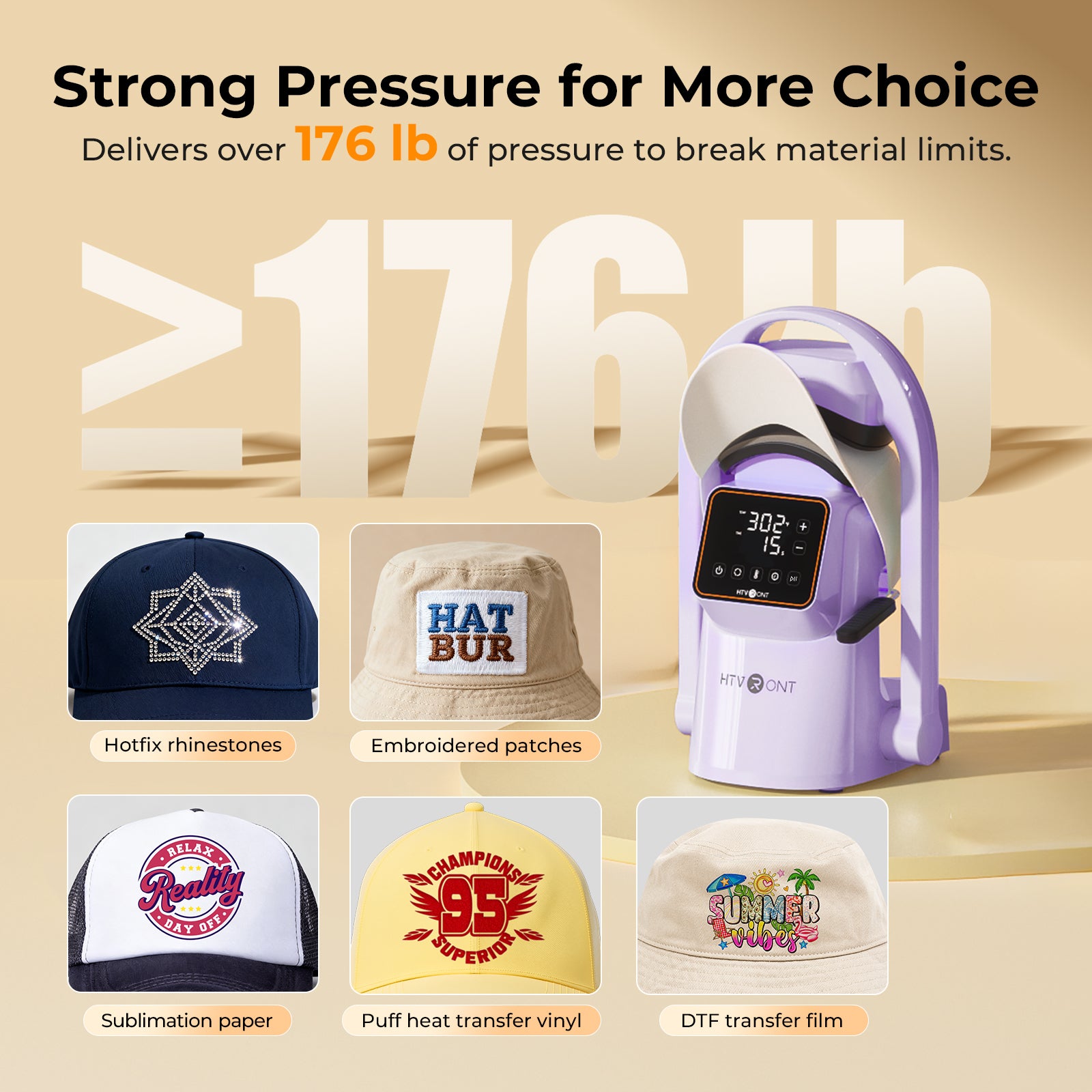 Heat press machine with text 'Strong Pressure for More Choice' and images of hats with different types of transfers.