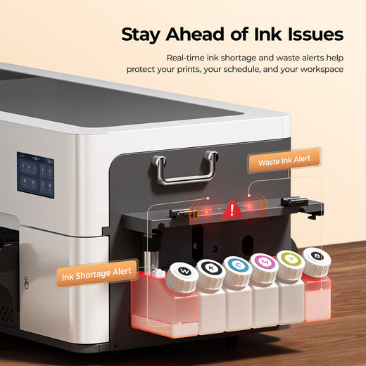 D2 DTF Printer with ink bottles and alerts on a beige background