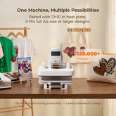 Auto Multi Heat press machine on a table with printed items like t-shirts, bags, and a pillow in a home setting.