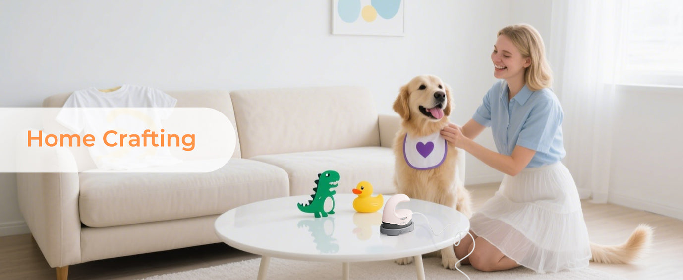Woman with a dog in a living room. The H1 Mini Heat Press is put on the table. with 'Home Crafting' text