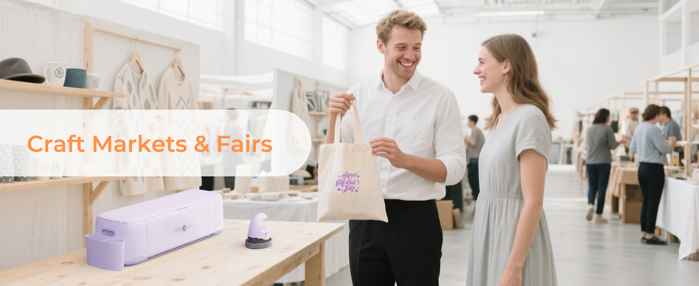 Man and woman at a craft market or fair, with a man holding a tote bag.