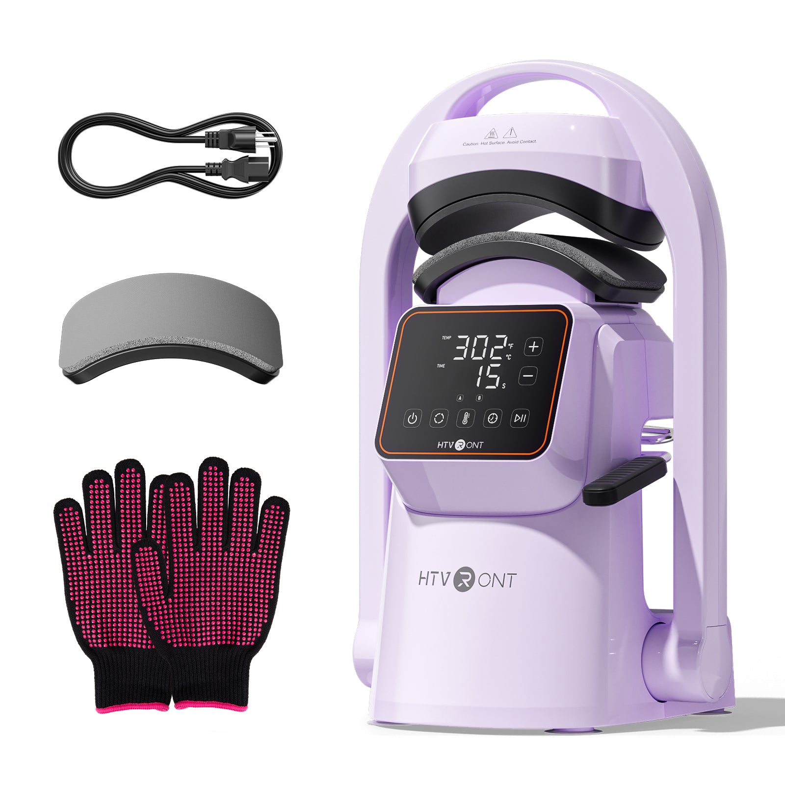 Purple hat heat press machine with accessories on a white background