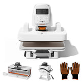 Multi Heat press machine with digital display, gloves, and small tools on a white background