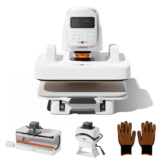 Multi Heat press machine with digital display, gloves, and small tools on a white background