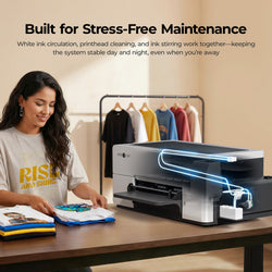 Woman using a D2 DTF printer with text 'Built for Stress-Free Maintenance' on a beige background.