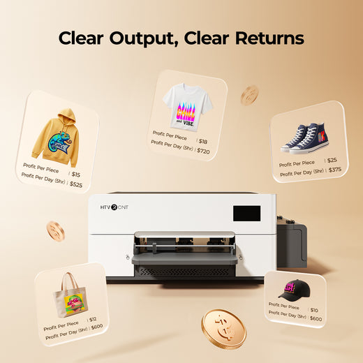 DTF Print machine with printed products on a beige background