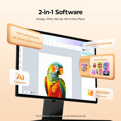 Computer monitor displaying a software interface with a parrot image, labeled '2-in-1 Software' on a beige background.