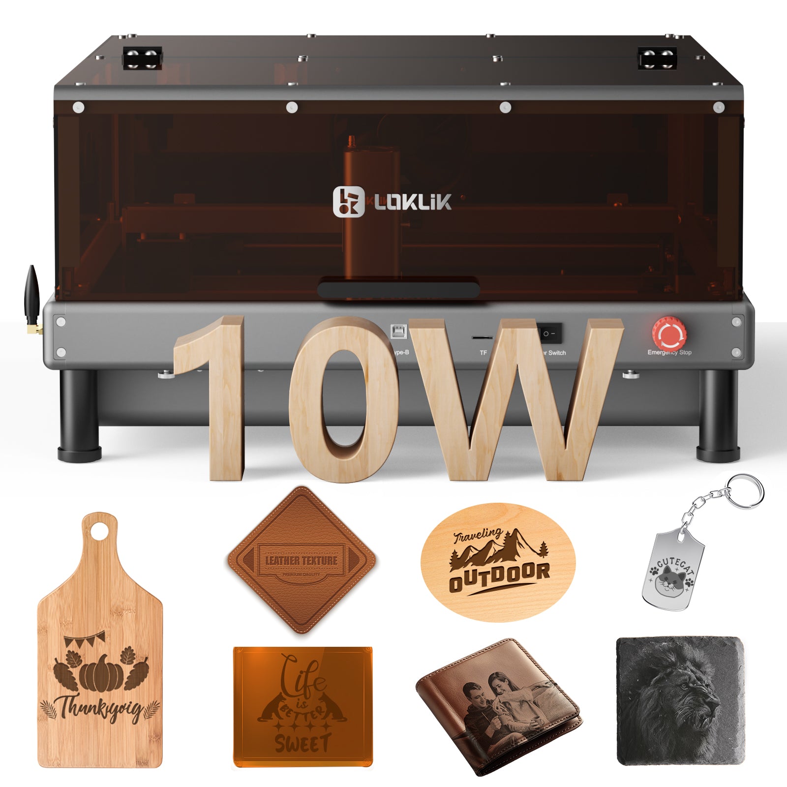 Loklik laser engraver with engraved items on a white background