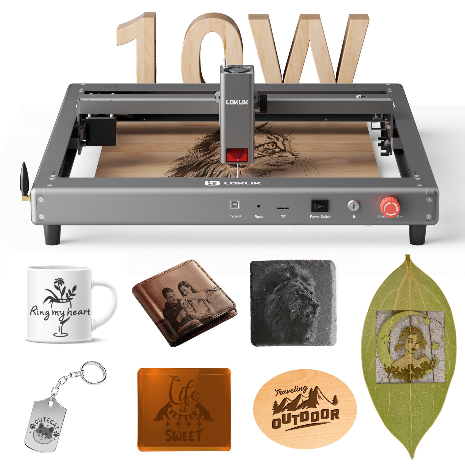 Laser engraving machine with engraved items on a white background