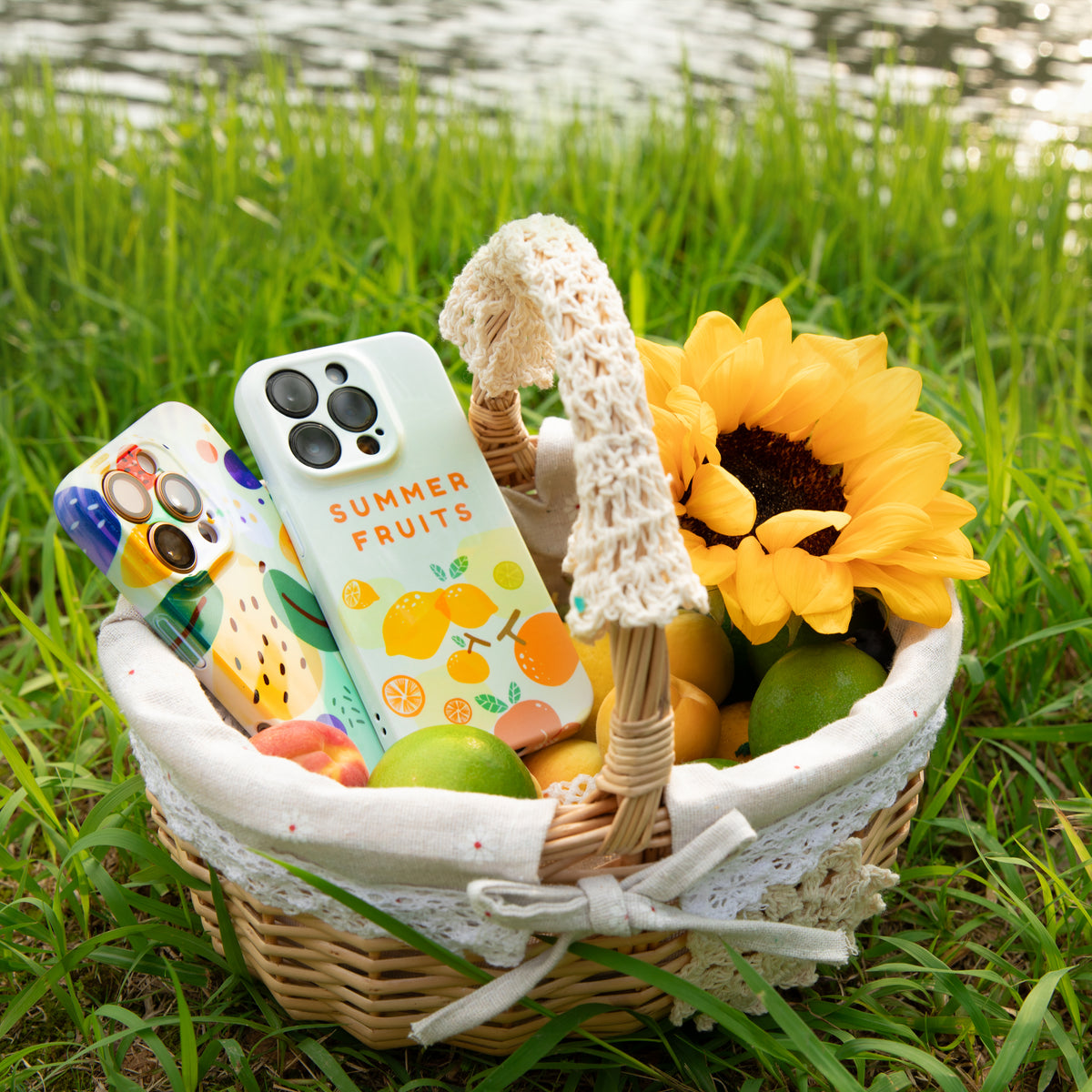 The picnic basket contains a variety of creatively designed heat-sublimated iPhone cases.