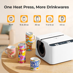 Heat press machine with various drinkware items on a wooden table