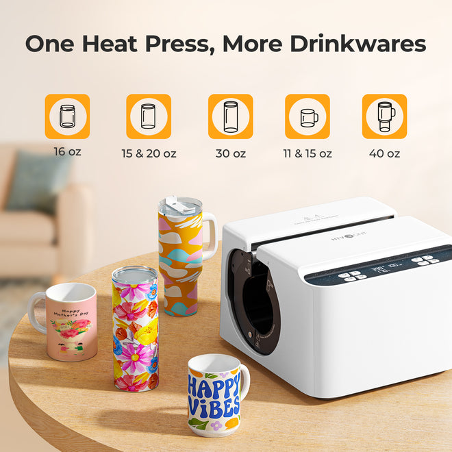 Heat press machine with various drinkware items on a wooden table