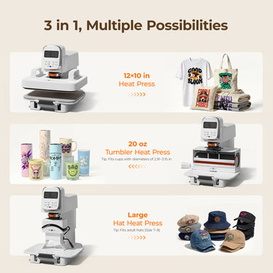 A100 Auto Multi Heat press machine with various products on a beige background