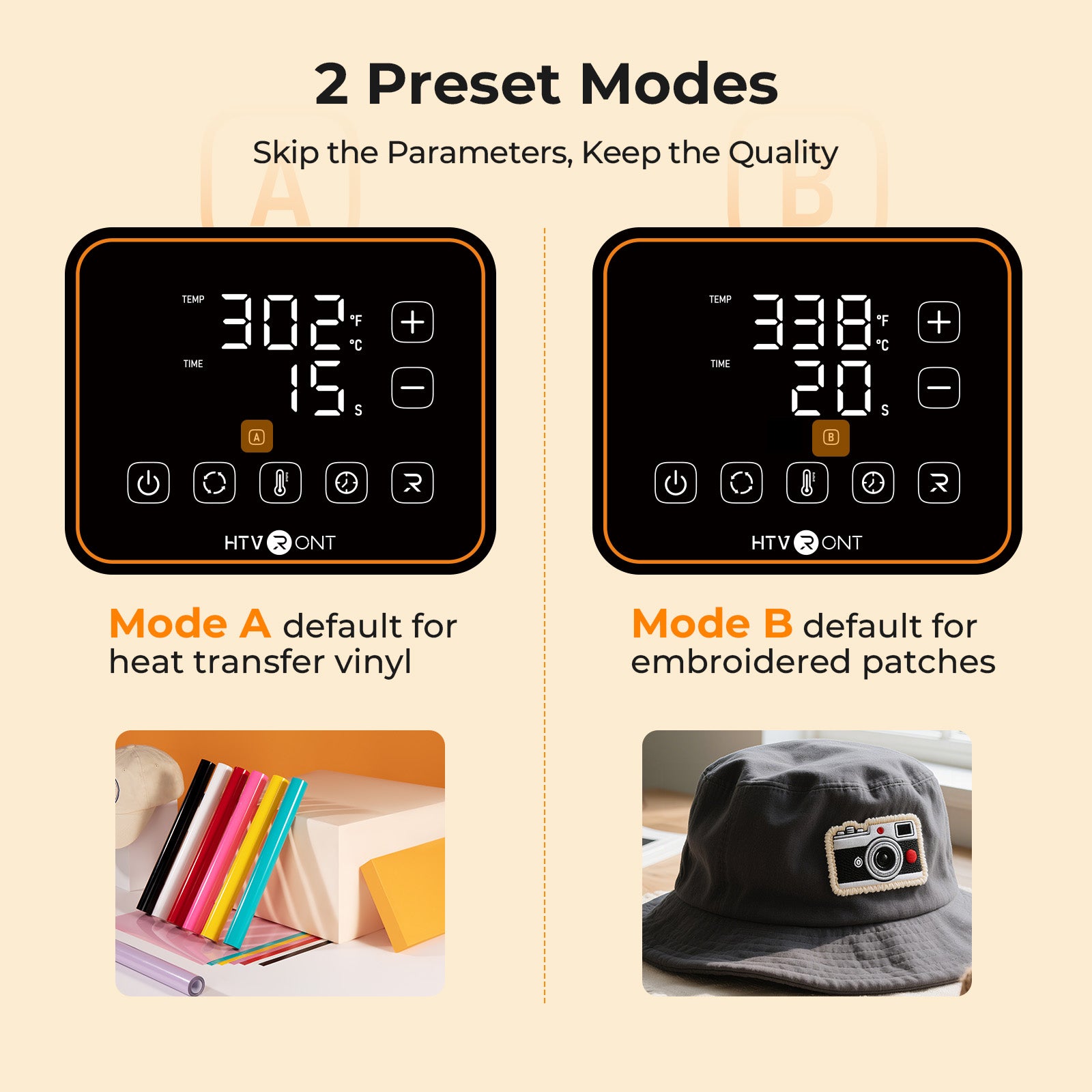 Two preset modes for A300 hat heat press  with digital displays and mode descriptions.