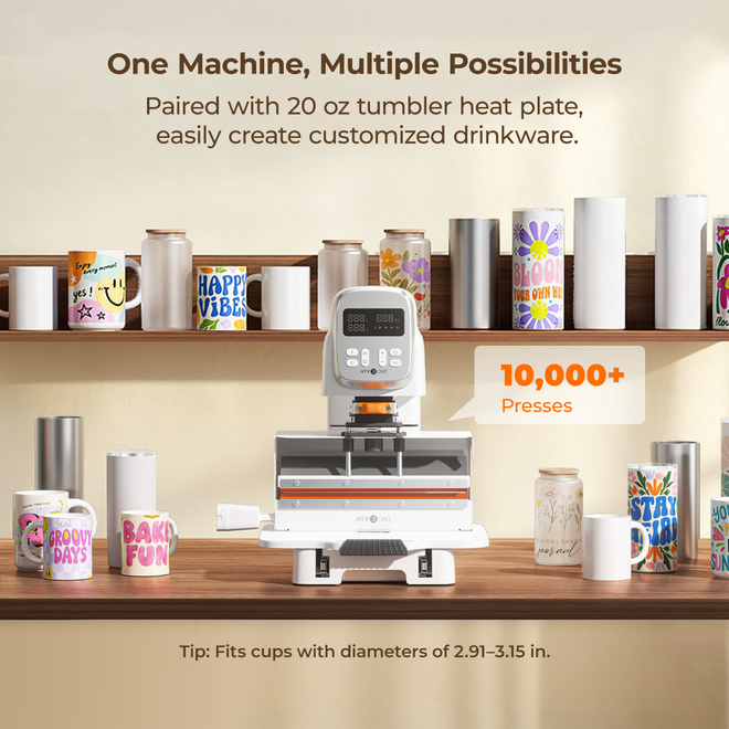 Multi-heat press machine (tumbler module) with colorful mugs and tumblers on a wooden shelf.
