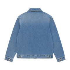 A light blue denim jacket shown from the back, featuring a classic collar, long sleeves with buttoned cuffs, and a buttoned hem, photographed against a solid white background.