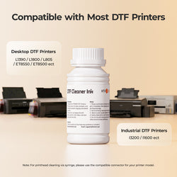 DTF cleaner ink bottle with printer compatibility information on a beige background