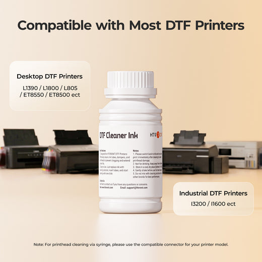 DTF cleaner ink bottle with printer compatibility information on a beige background