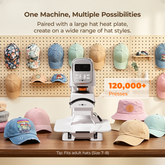 A100 Multi Heat press machine ( Mug module) with various hats on a pegboard background