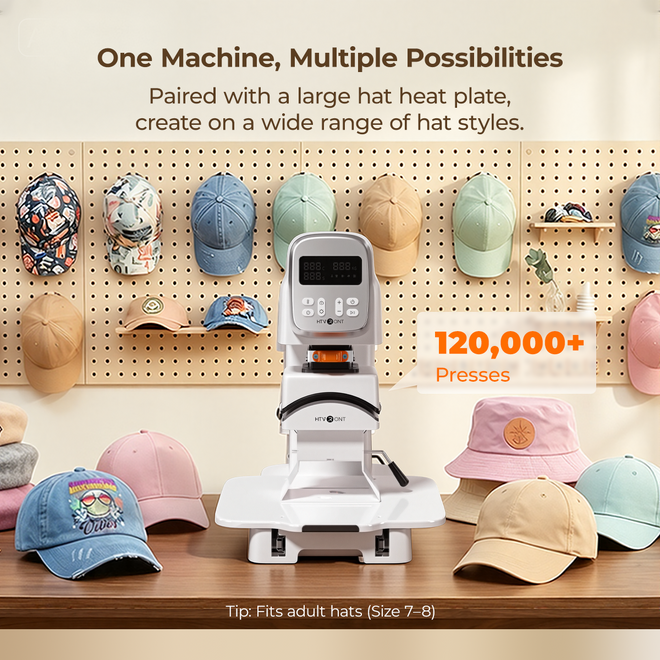 A100 Multi Heat press machine ( Mug module) with various hats on a pegboard background