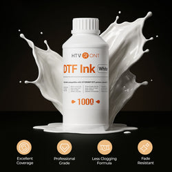 HTVRONT White DTF Ink bottle with splashes on a dark background