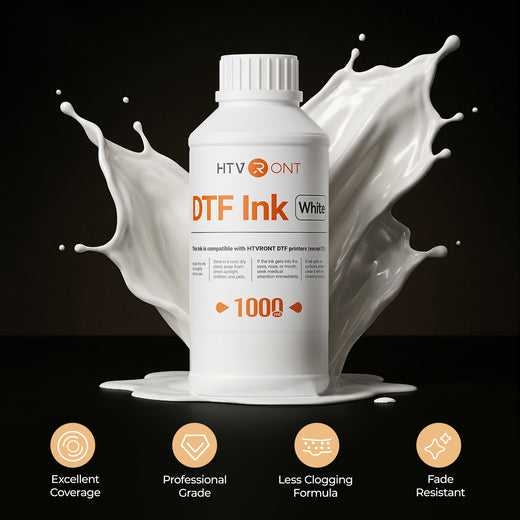 HTVRONT White DTF Ink bottle with splashes on a dark background