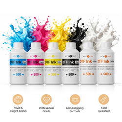 Set of HTV ONT DTF Ink bottles with color splashes and product features on a white background