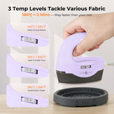 Purple mini heat press machine with temperature settings and a hand holding it, on a light background.