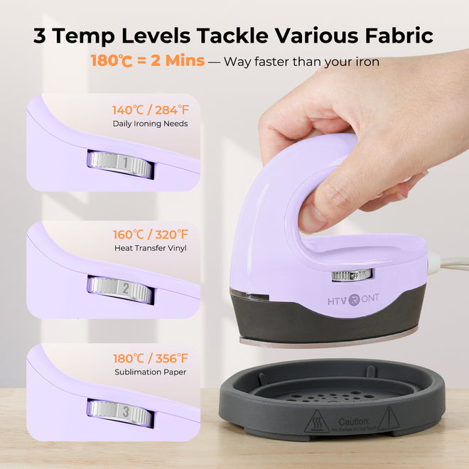 Purple mini heat press machine with temperature settings and a hand holding it, on a light background.