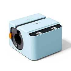 Light blue tumbler heat press with a black component on a white background