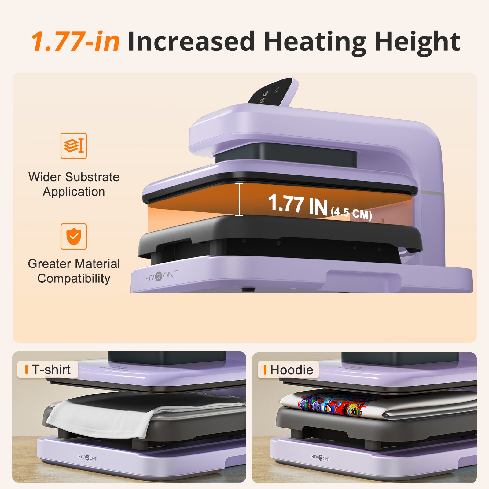 Auto heat press 2 have a 1.77-in Increased Heating Height