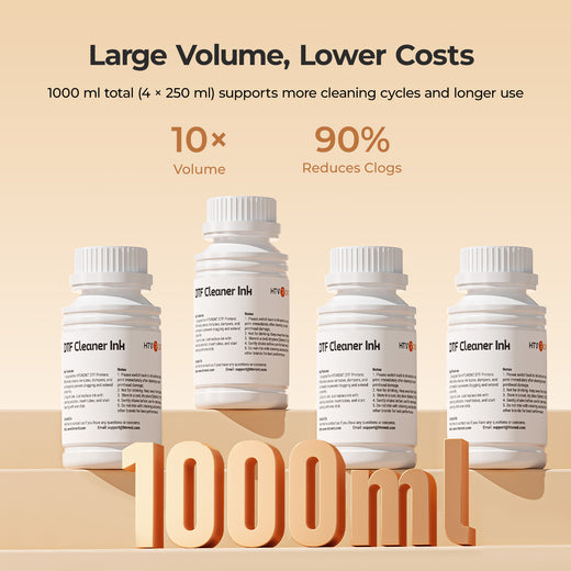 Four bottles of ink cleaner with text highlighting volume and cost savings on a beige background