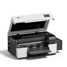 Large flatbed printer with open lid on a white background