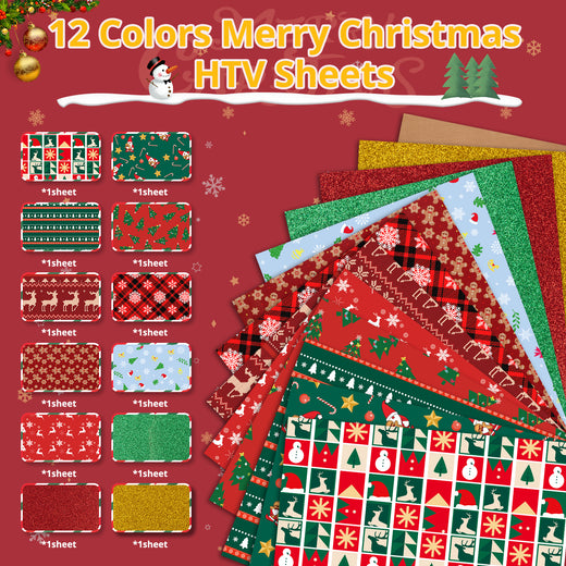 2025 New Models Christmas Patterned Heat Transfer Vinyl Bundle - 13 Sheets 12"x10"