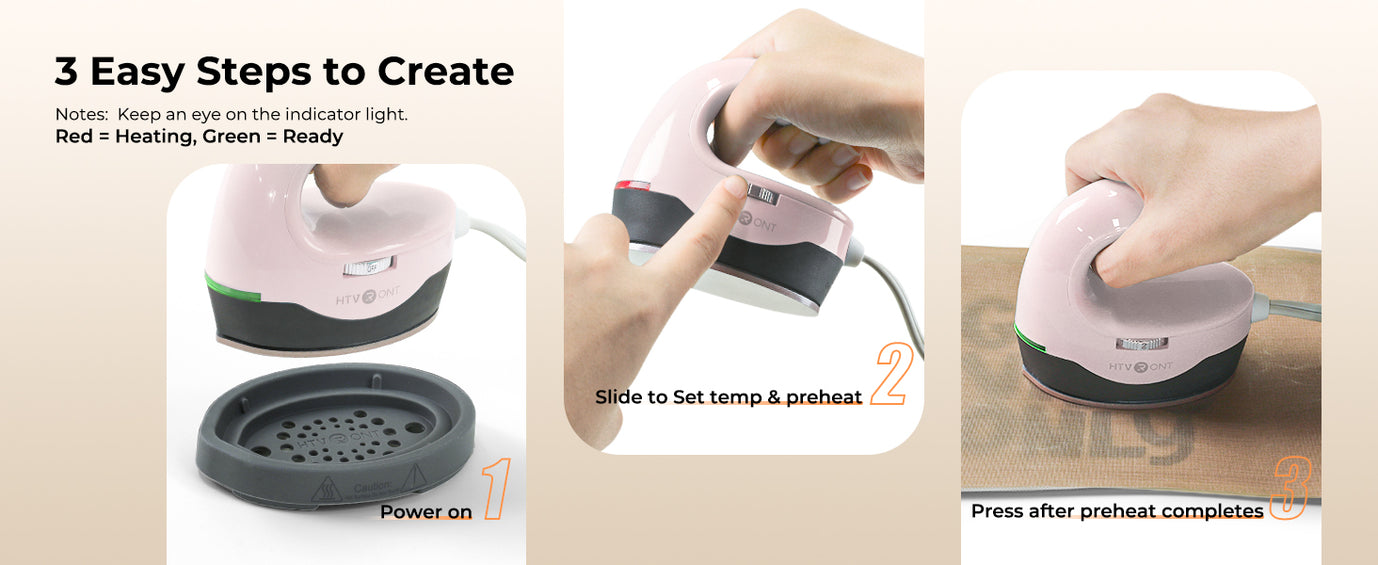 Step-by-step guide on using a handheld device with icons indicating power, heating, and ready states.