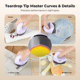 Product being used on various items with text highlighting its use for shoes, hats, t-shirt cuffs, and stuffed toys.