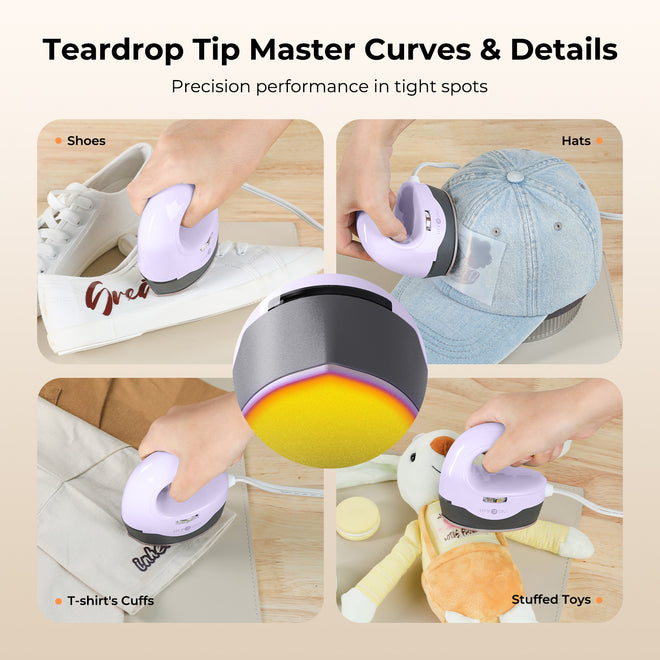 Product being used on various items with text highlighting its use for shoes, hats, t-shirt cuffs, and stuffed toys.