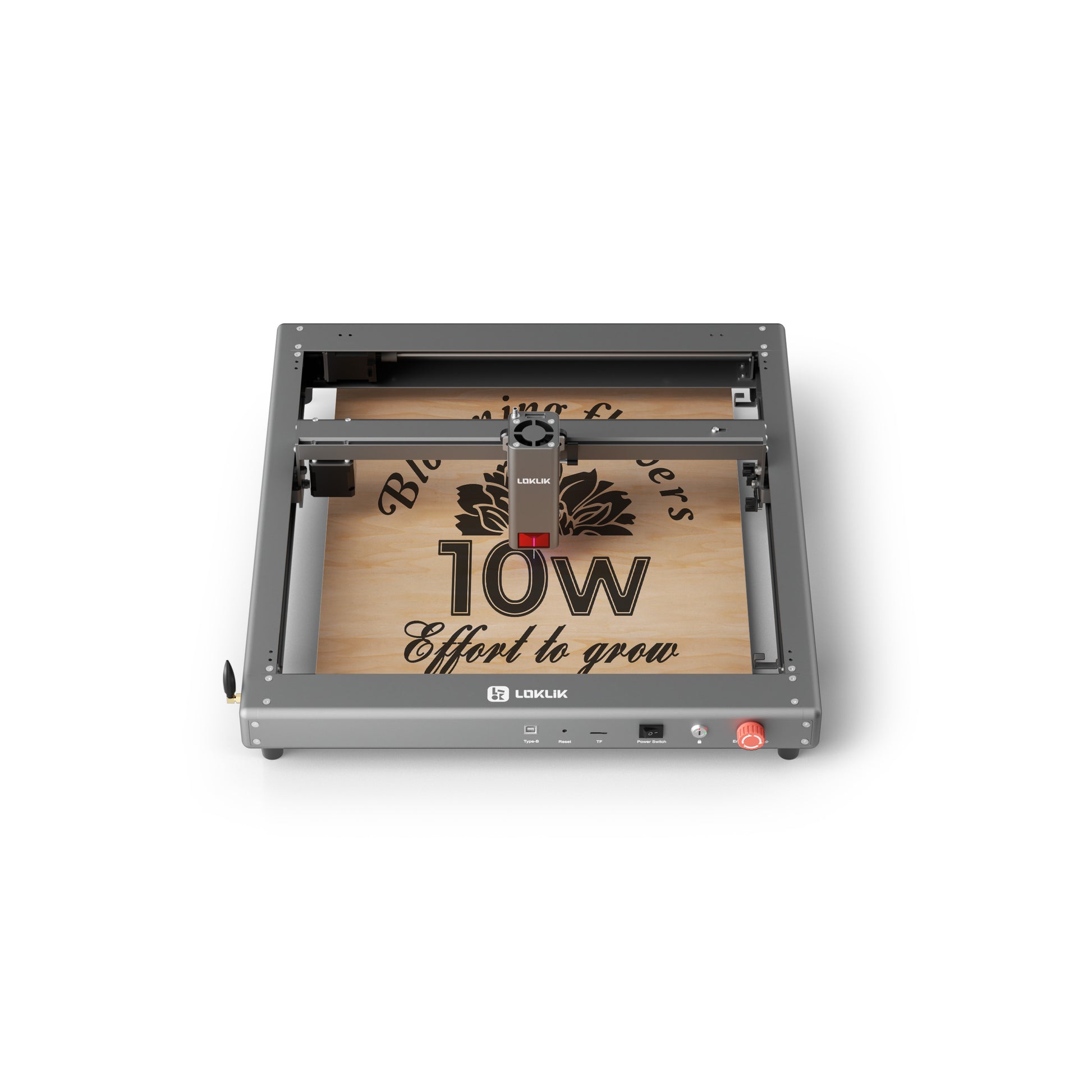 A Loklik iEngrave laser engraving machine with a wooden piece loaded inside.
