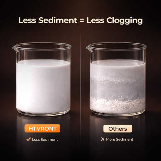 Two beakers with white powder, one labeled 'HTVRONT' and the other 'Others', on a dark background.