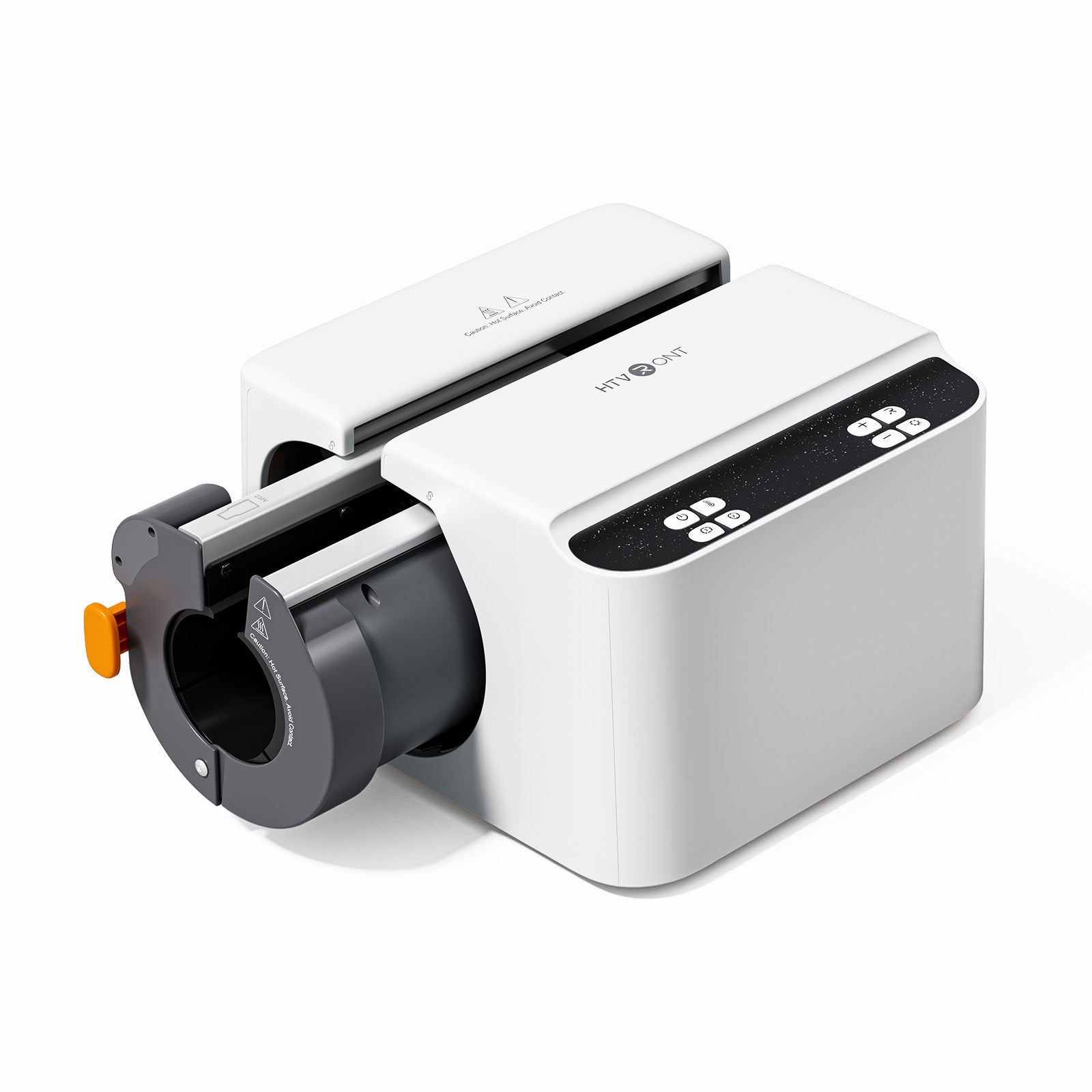 White tumbler heat press with a black cylindrical component on a white background