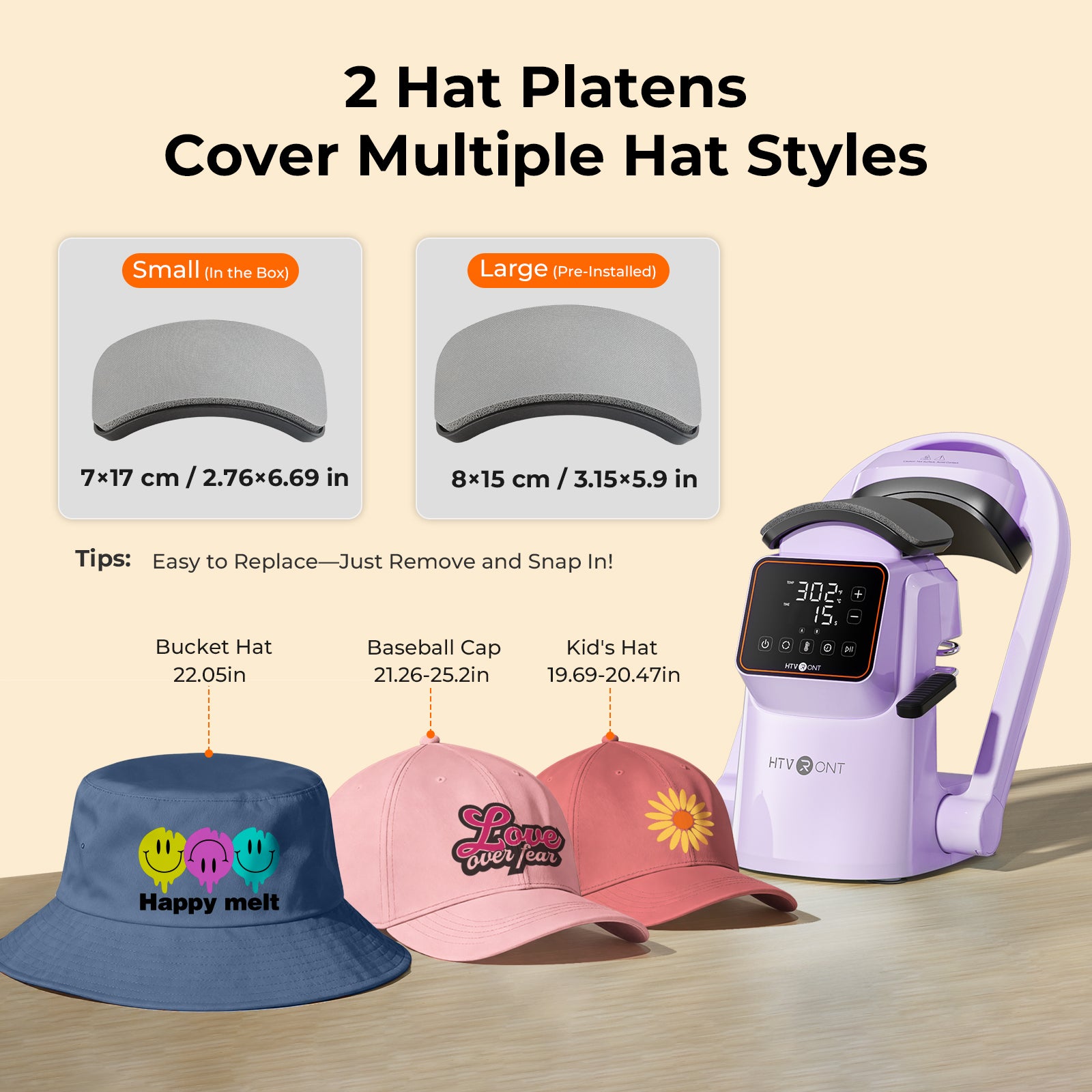Two hat platers with size indicators and examples of hats they can cover on a beige background.