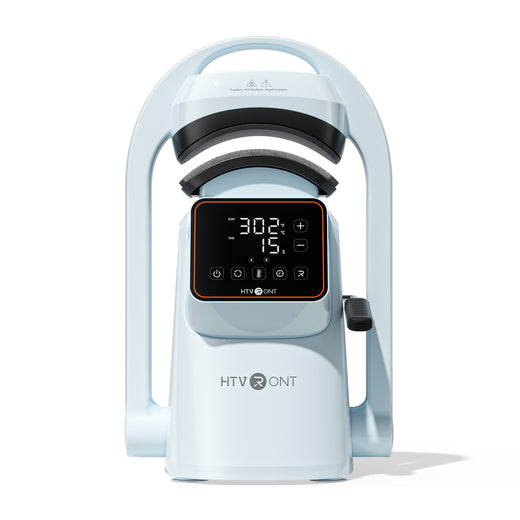 Light blue A300 hat press with digital display on a white background
