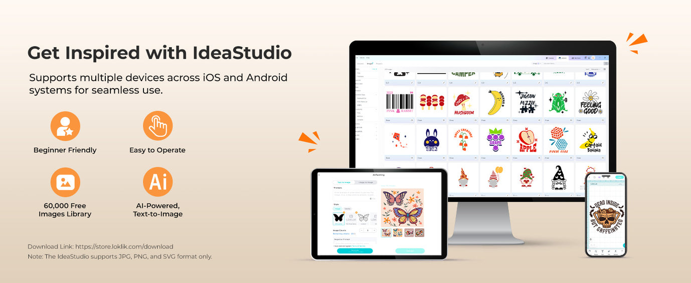 Promotional graphic for IdeaStudio with a computer, tablet, and phone displaying app interfaces.