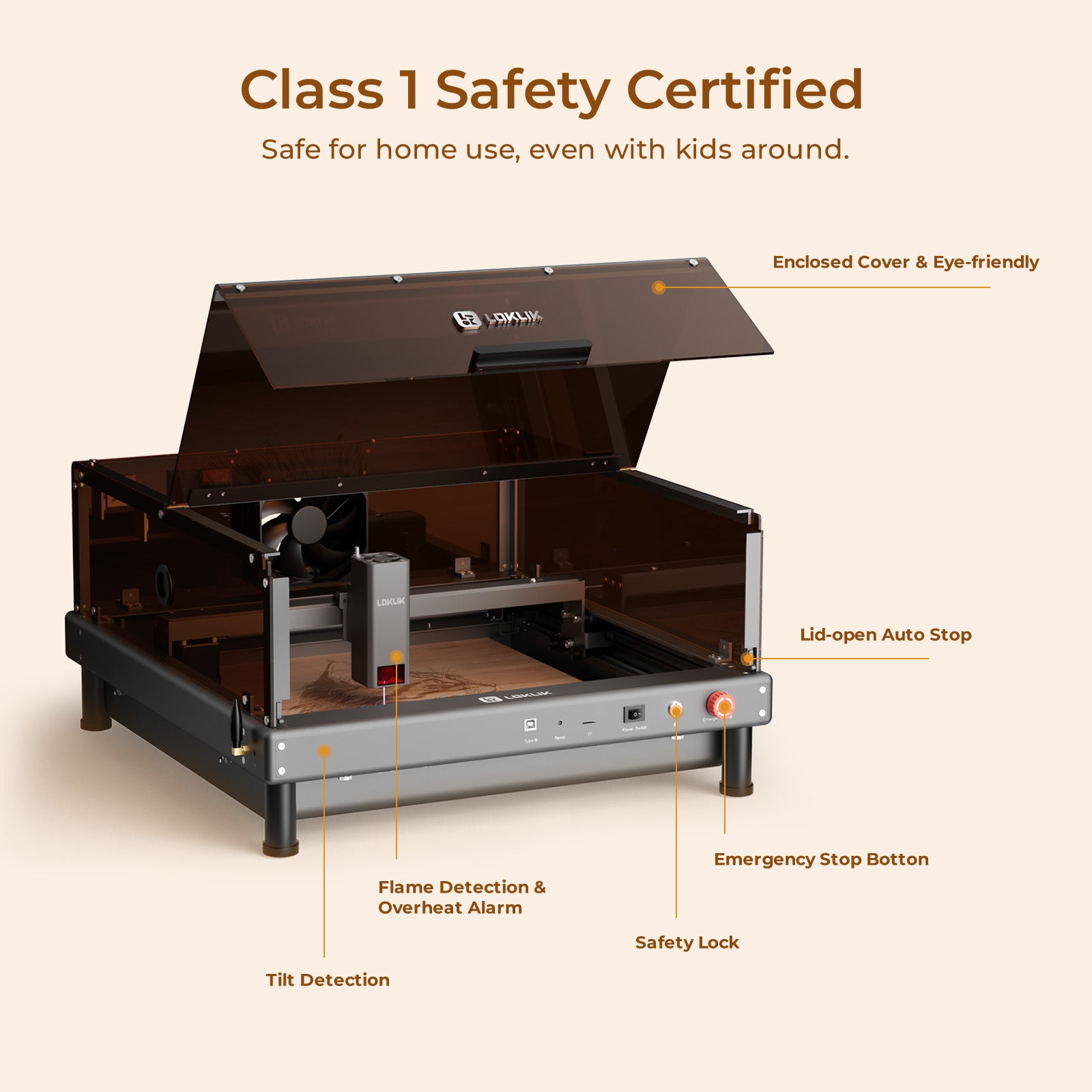Laser engraving machine with safety features highlighted on a beige background