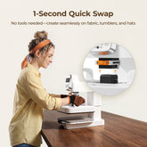 A person is changing a multi heat press accessory, accompanied by text explaining the "1-second quick change" feature.