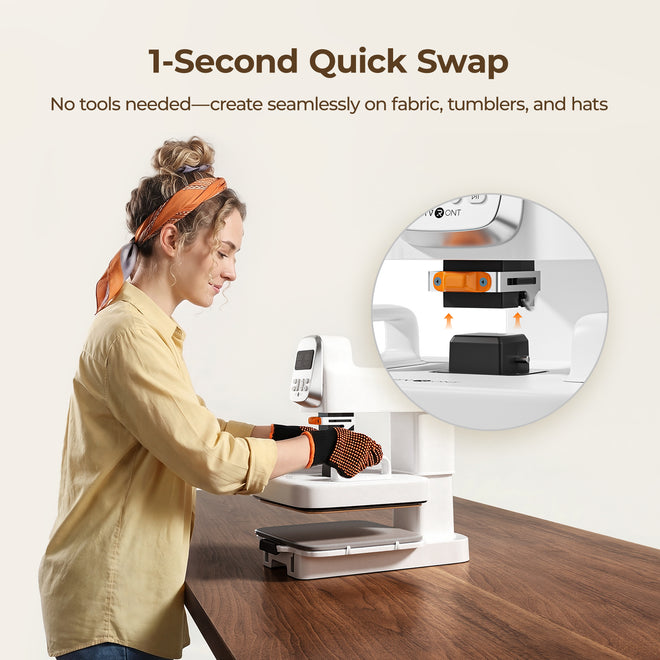 A person is changing a multi heat press accessory, accompanied by text explaining the "1-second quick change" feature.
