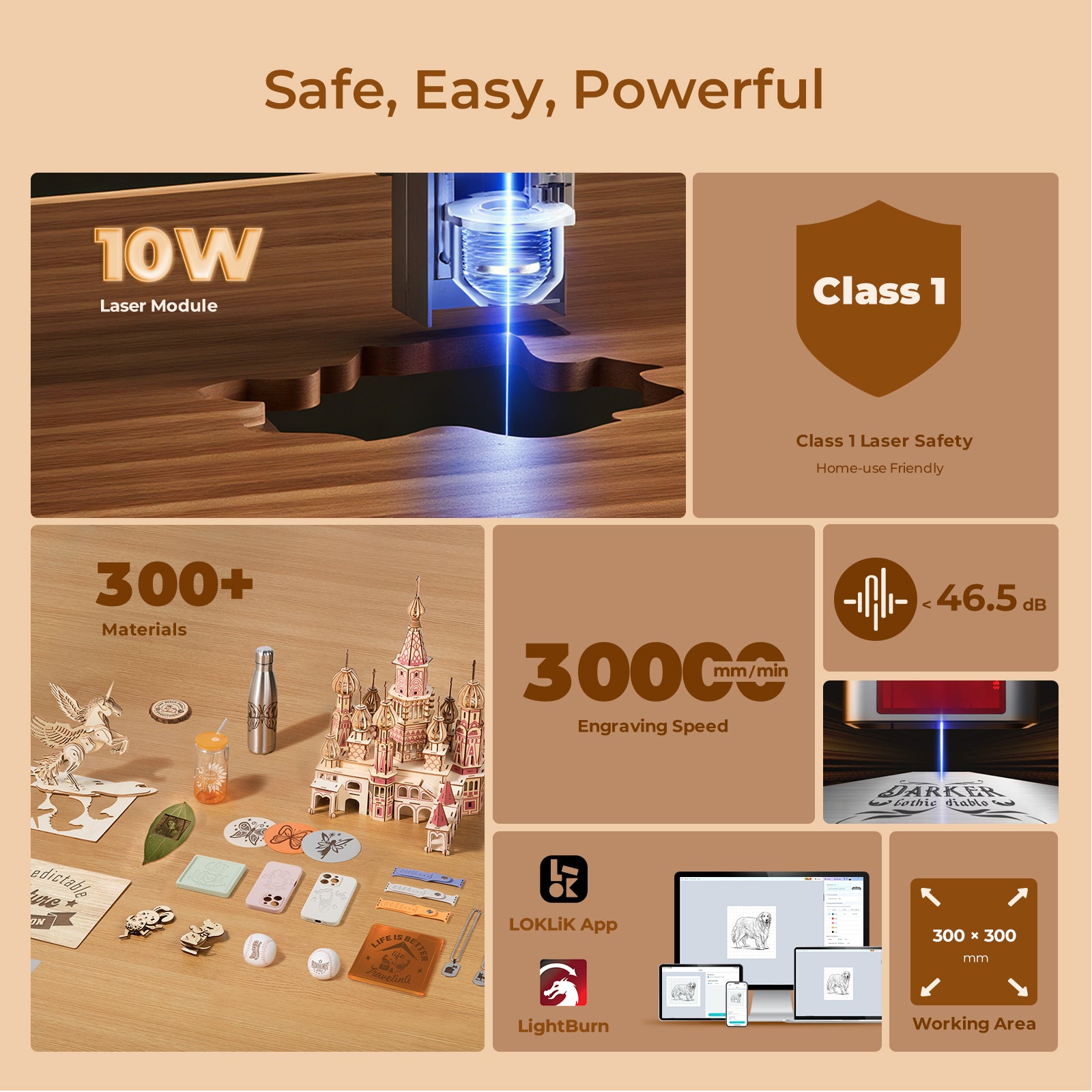 Laser engraving machine with safety features and performance details on a beige background