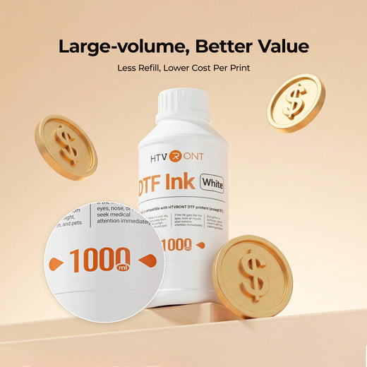 D2 DTF Ink bottle with gold coins and text on a beige background