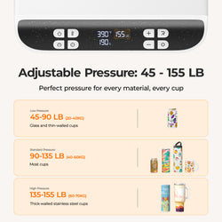 Pressure control panel with adjustable pressure range and examples of cup types.